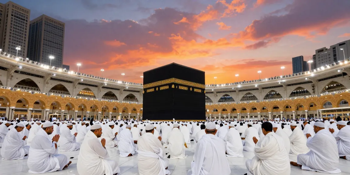 Umroh Ramadhan pilgrimage at Grand Mosque, vibrant sunset, travel guide to sacred sites.