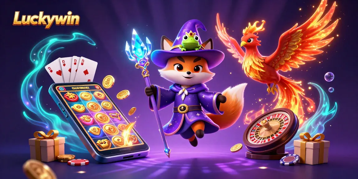 Experience magical gambling with Luckywin, featuring a wizard fox, phoenix, and colorful gaming elements.