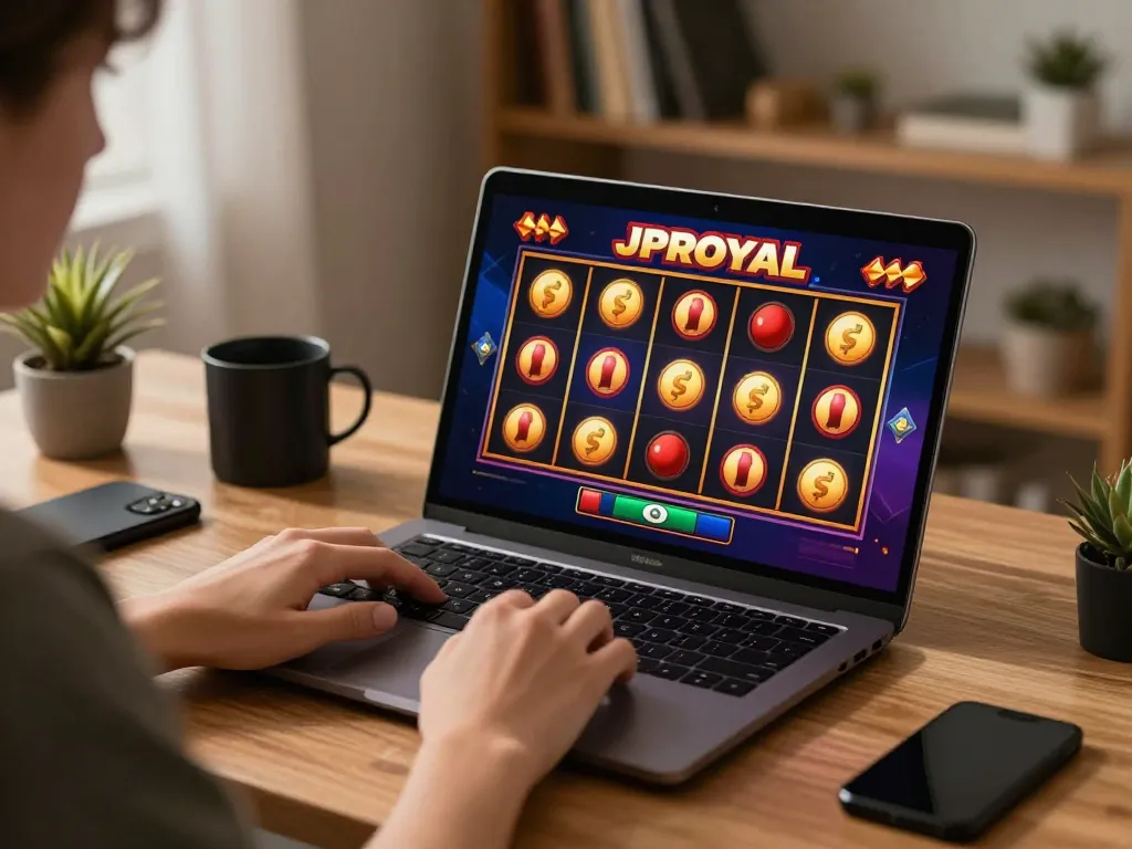 Engaged player enjoying JPROYAL slot games on laptop in a cozy home setup