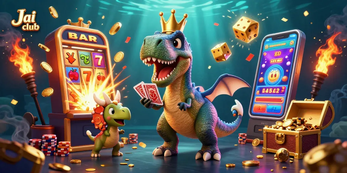 Engage in thrilling action with Jai club's 3D T-Rex dealing cards in a vibrant casino scene.
