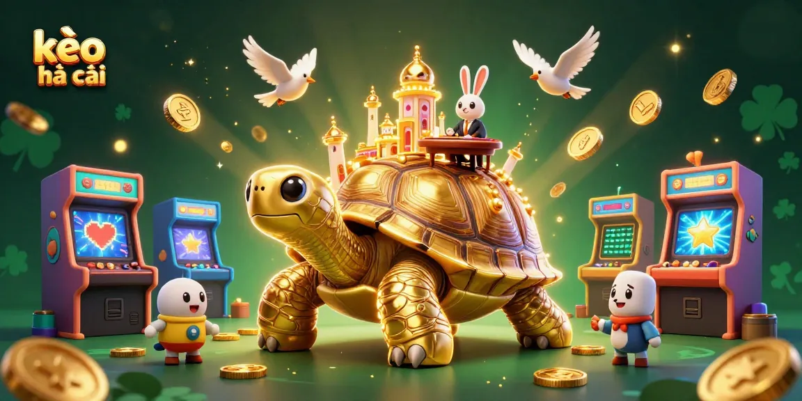 Bet on kèo nhà cái with a 3D illustration featuring a tortoise casino, rabbit dealer, and flying coins.