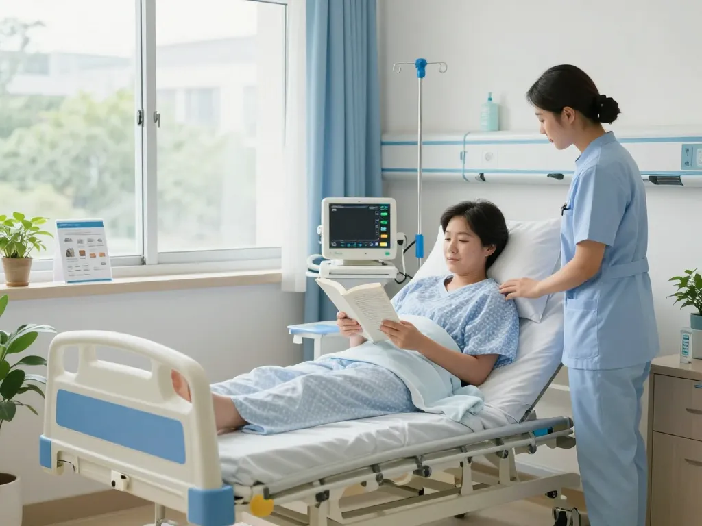 giường bệnh nhân in a serene hospital setting with a patient reading, promoting healing and comfort.