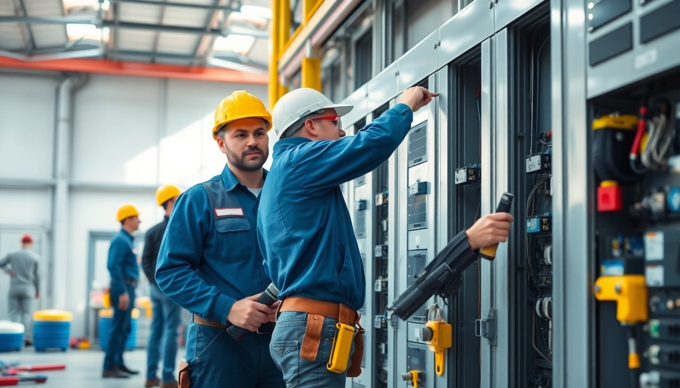 Commercial electrical maintenance experts conducting a thorough inspection and repair in a facility.