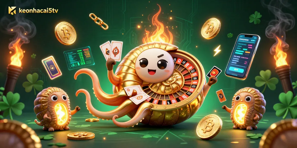 Experience thrilling gameplay with keonhacai5tv's dynamic 3D casino scene, showcasing coins and cards.