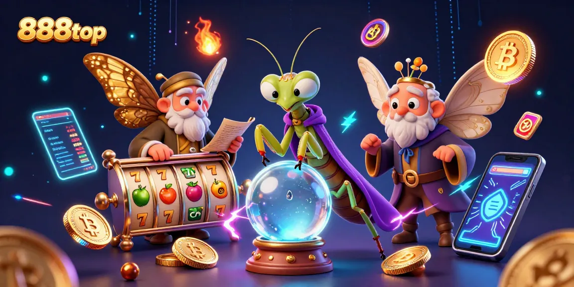 Experience the vibrant world of 888top, featuring a mystical scene with a praying mantis fortune teller and casino elements.