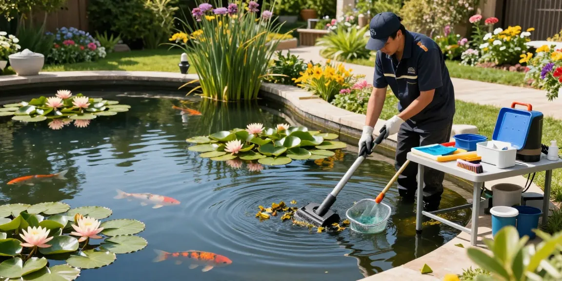 Professional Pond Cleaning London - technician cleaning a serene garden pond with tools and healthy koi fish.
