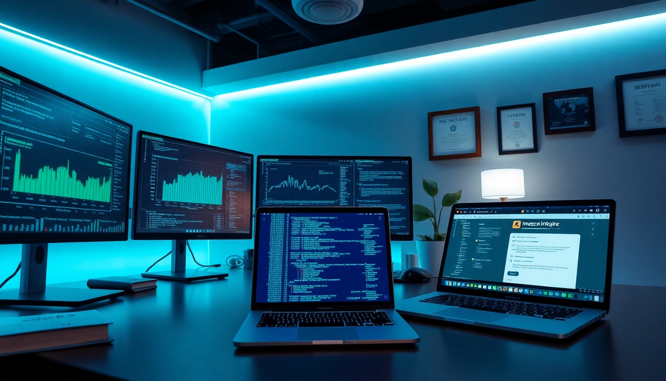 Innovative digital workspace showcasing infosec themes with cybersecurity data and advanced technology.