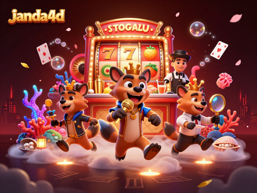 Experience janda4d's vibrant casino scene with hyenas, slot reels, and a lively atmosphere.