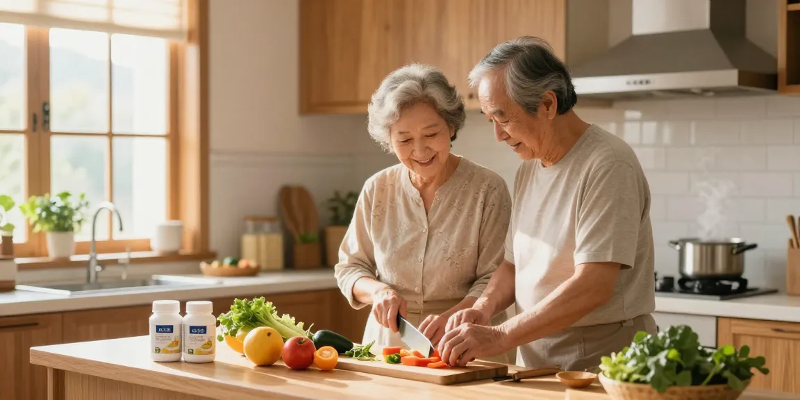 Engaging kitchen scene showcasing an elderly couple cooking together, featuring 長者營養補充品 for healthy meals.