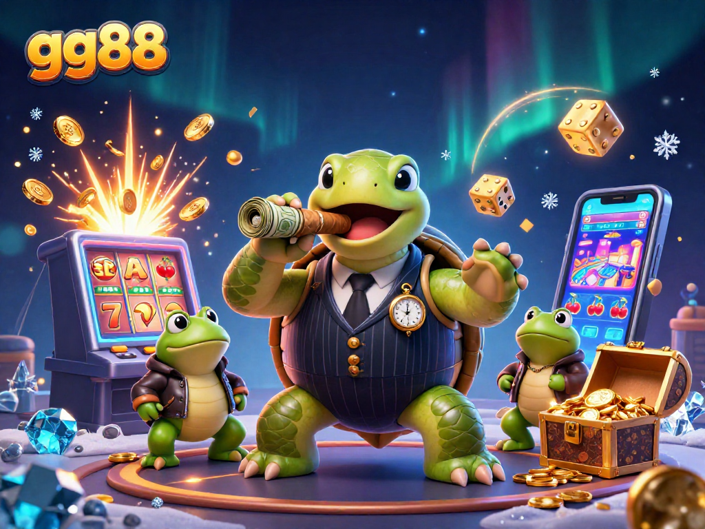 Experience thrilling gg88 action with a vibrant turtle in a mobster suit and bullfrog enforcers amidst casino excitement.
