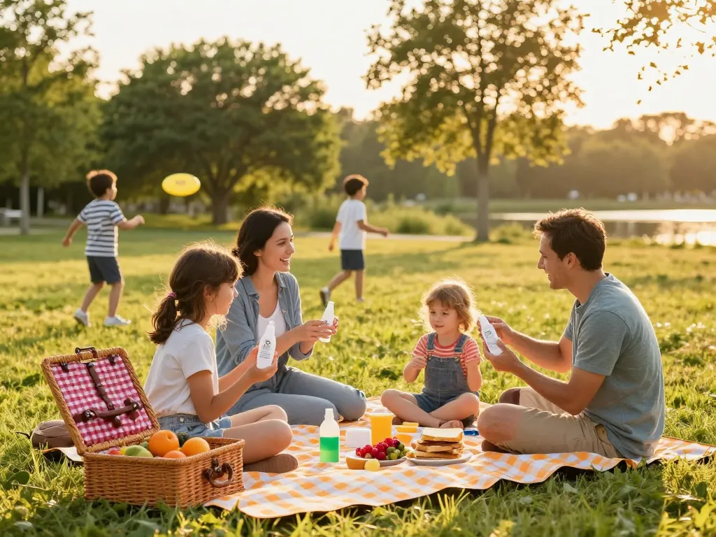 Family enjoying picnic while applying mosquito repellent outdoors to stay protected from bites.