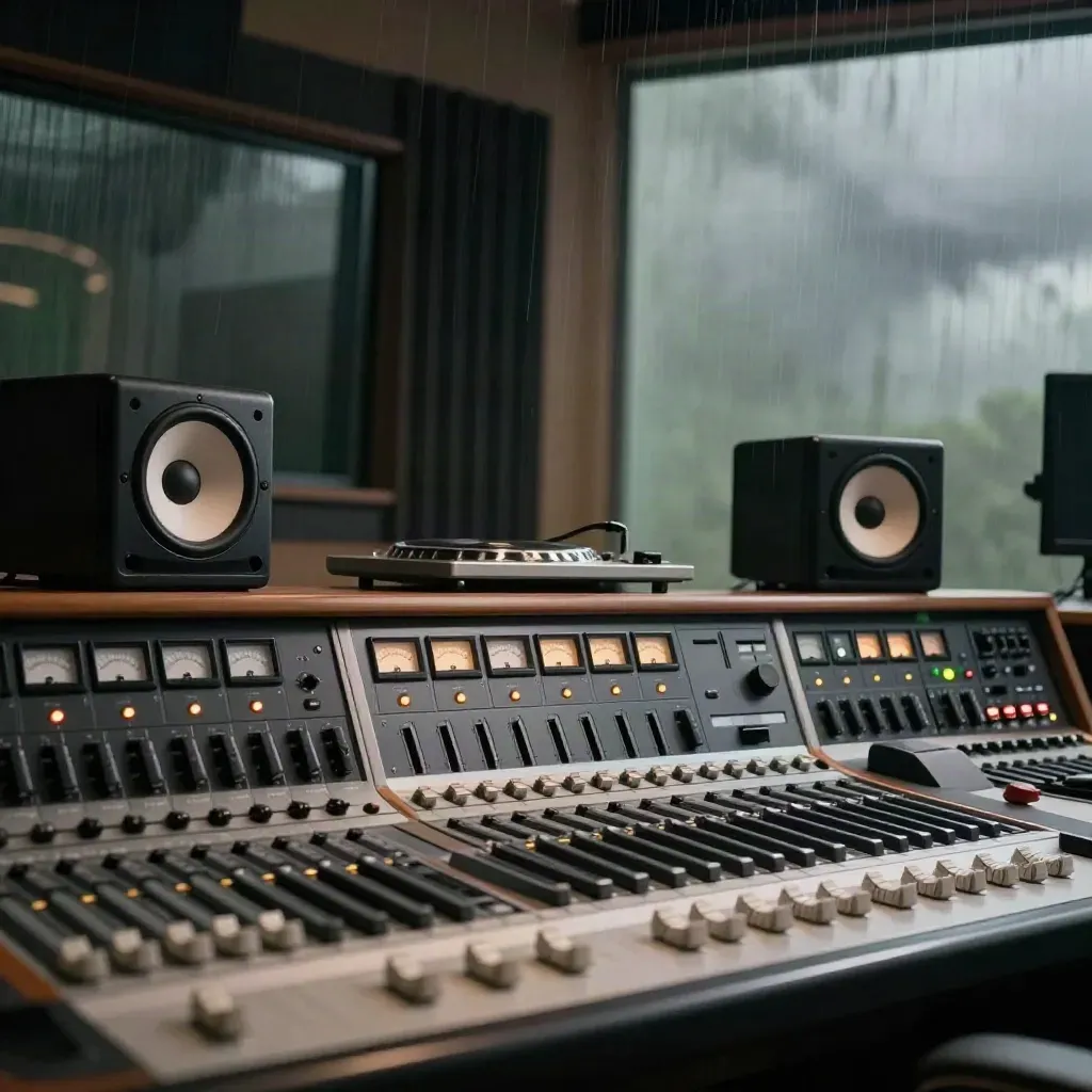 Moody mastering control room with glowing meters and twin monitors after a thunderstorm.