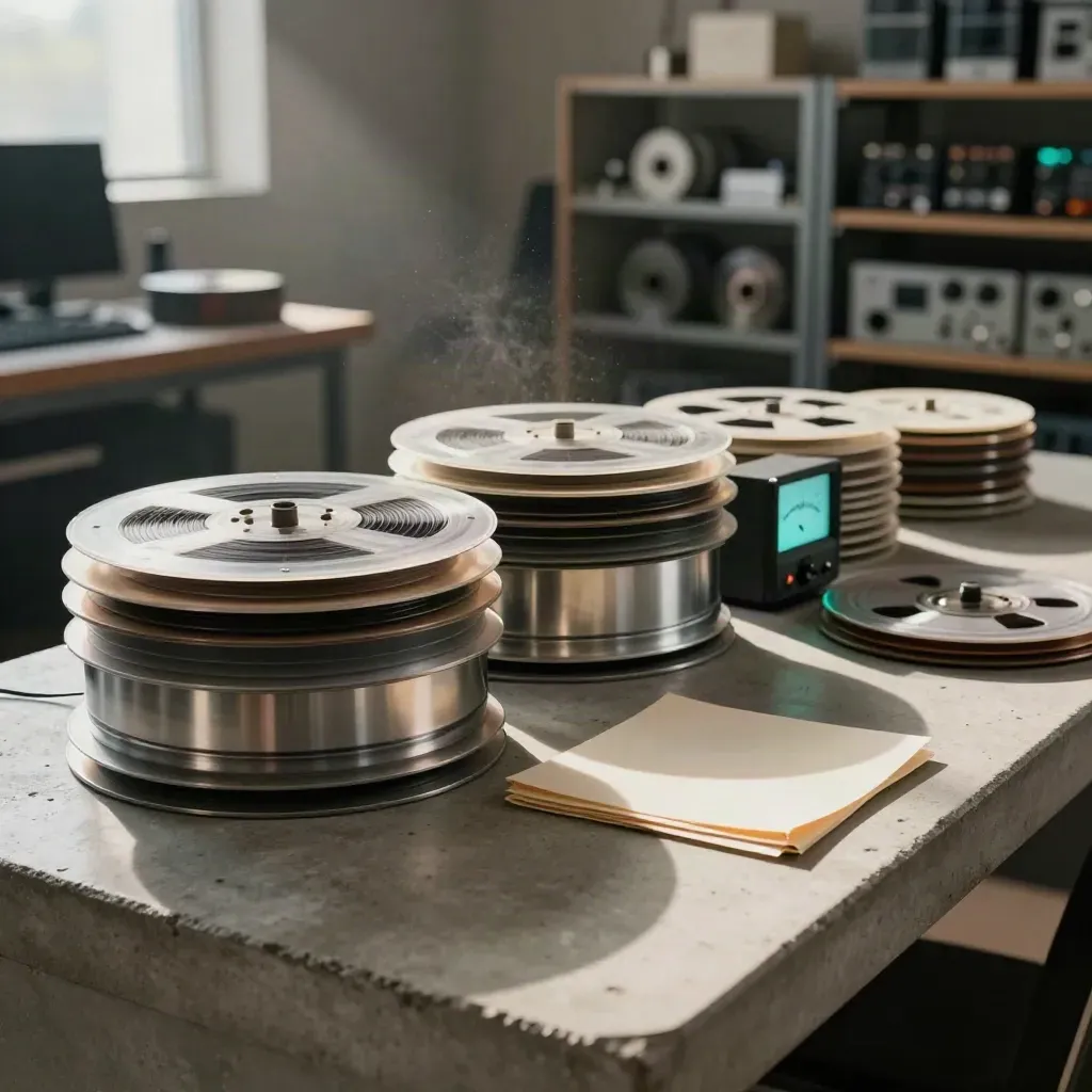 Stacked master reels, a loudness meter and worn playback sleeves on concrete in bright studio light.