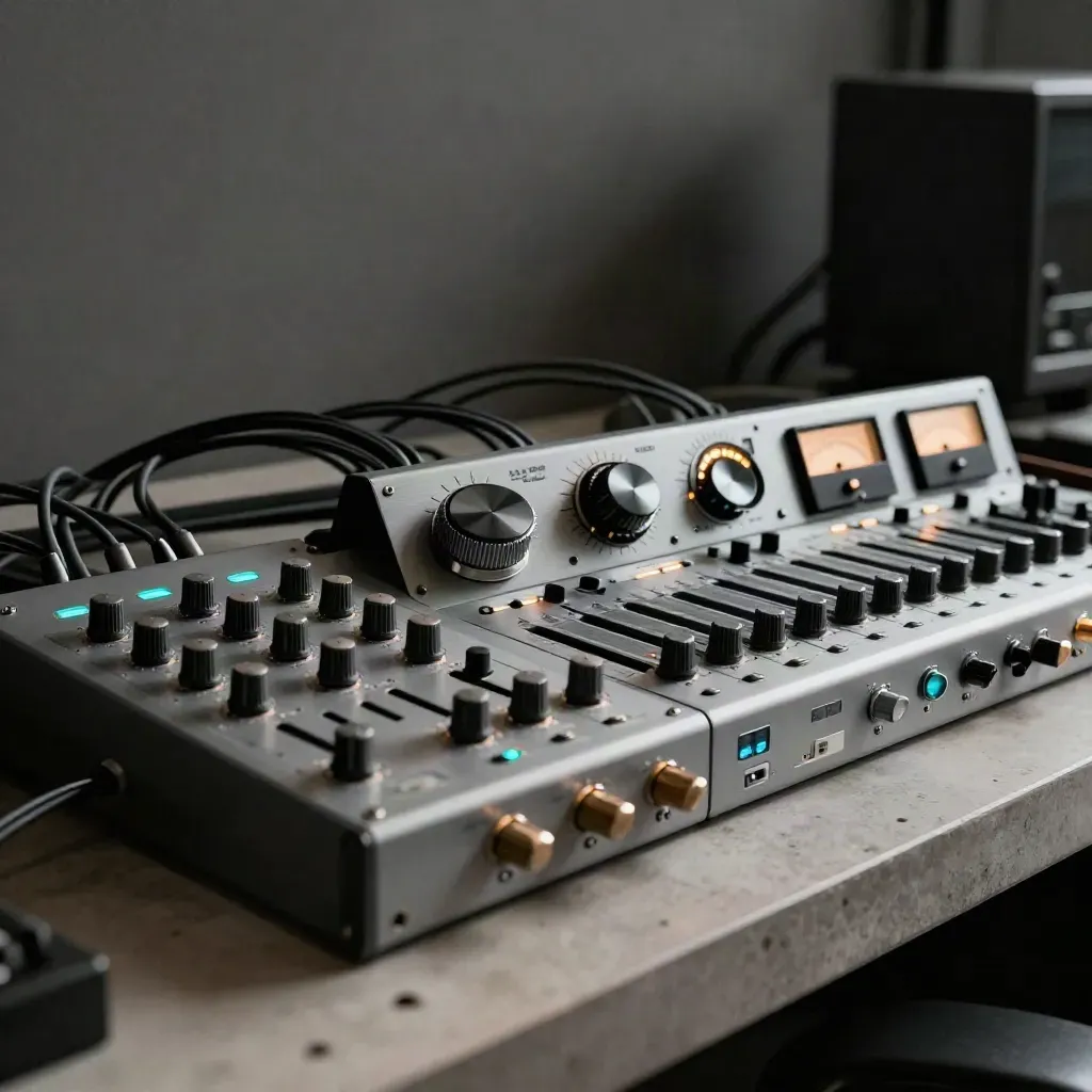 Mastering rack with EQ, clip gain, limiter, and output meter glowing in a studio.