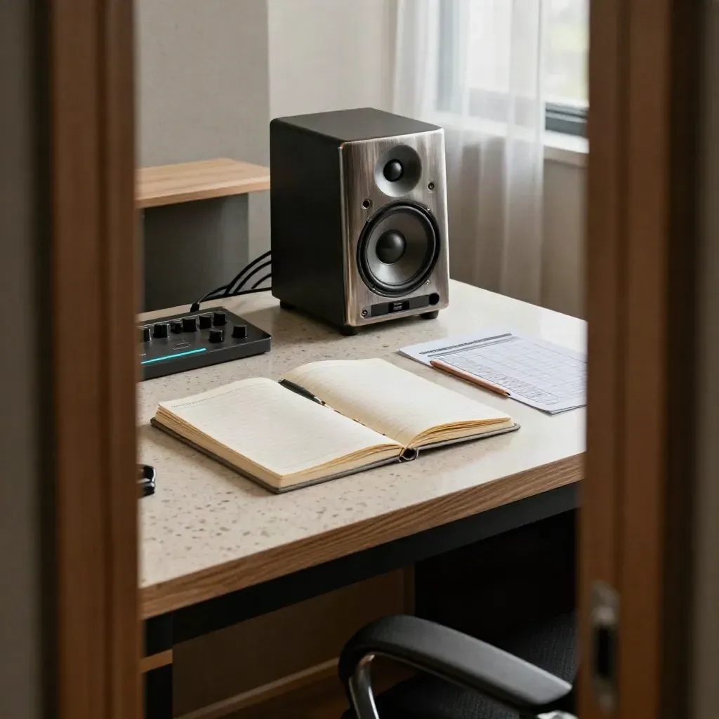 Mastering desk with notebook, reference speaker, pencil and export cue sheet in soft studio light