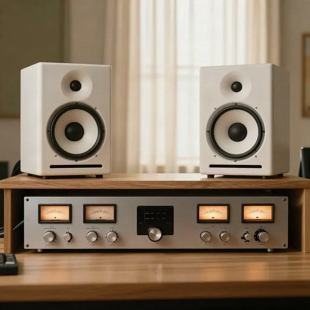 Symmetrical mastering playback rigs with speakers and a central switcher in warm daylight.