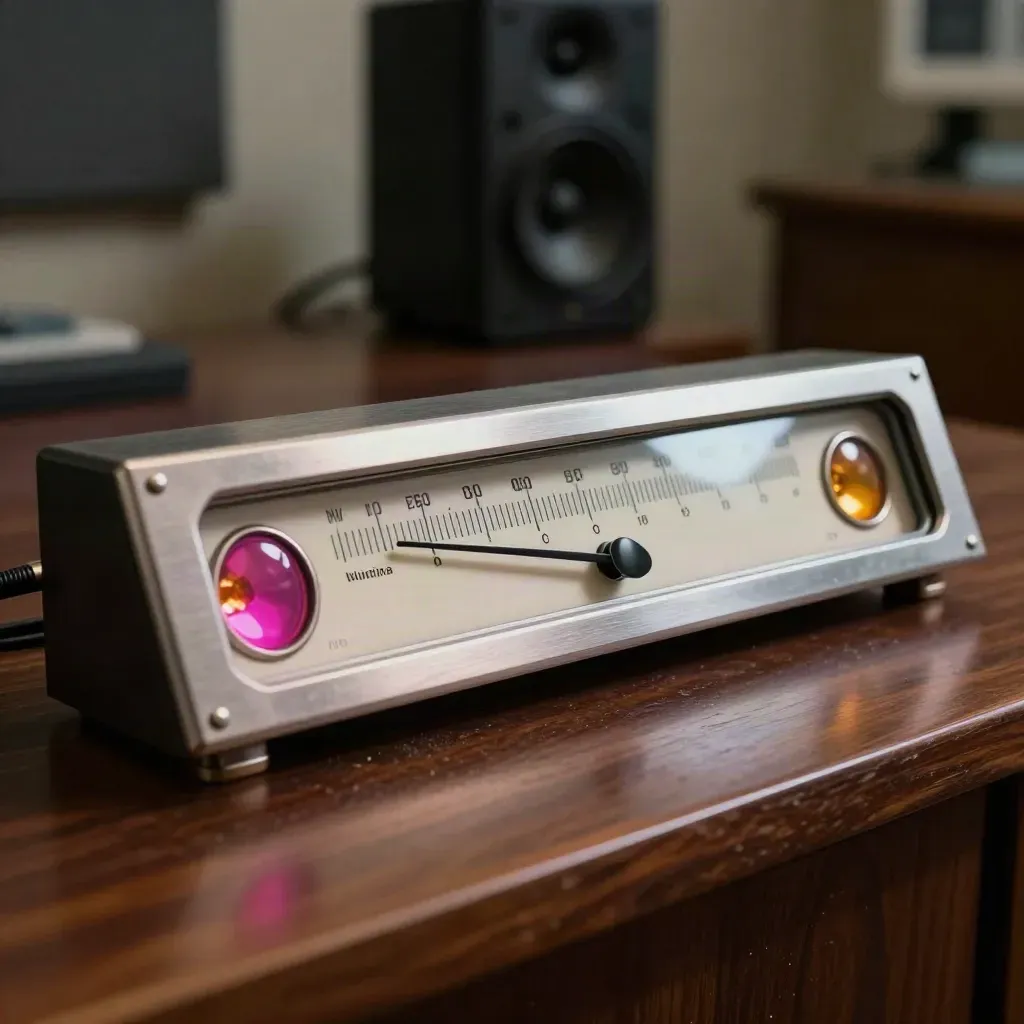 Analog meter bridge needles jumping in a control room, with soft speakers behind