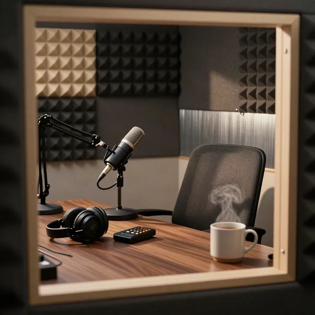 Podcast booth desk with mic, headphones, recorder and mug in warm window light.