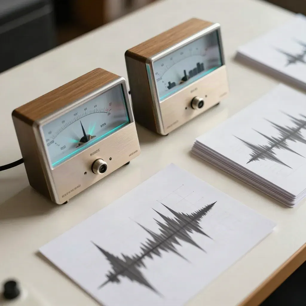 Two loudness meters and comparison cards on a light table, with a cyan transient spike.