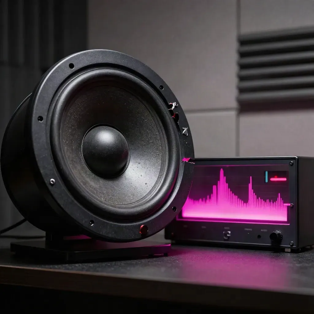 Speaker cone clipping beside a waveform light box and limiter indicator in a moody studio