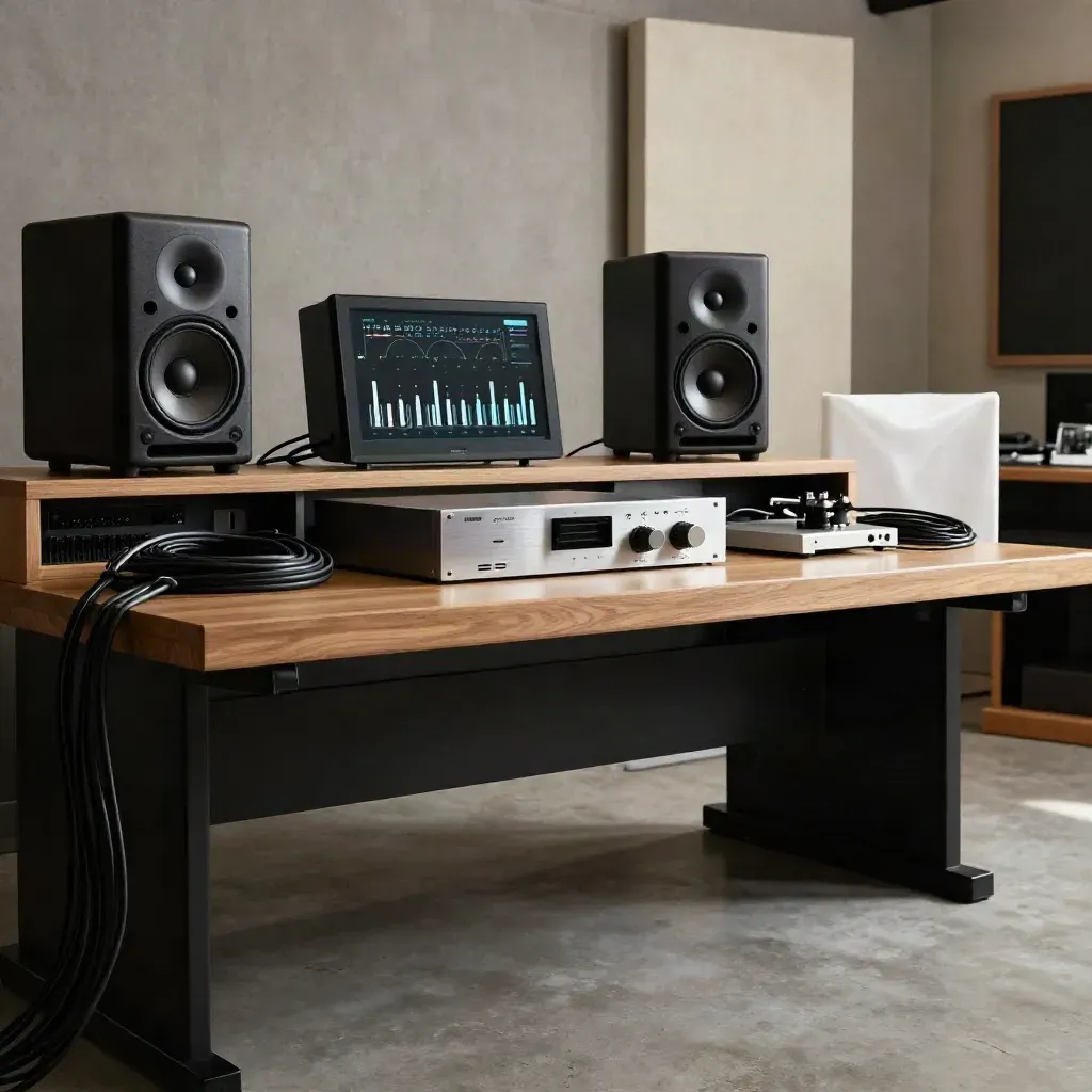 Wide mastering room with monitors, glowing meters and an interface on a pale oak console.