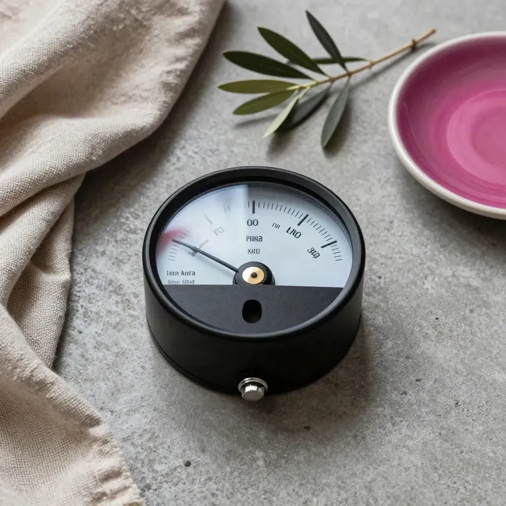 Top-down still life of a loudness meter puck with linen, olive sprig and ceramic dish