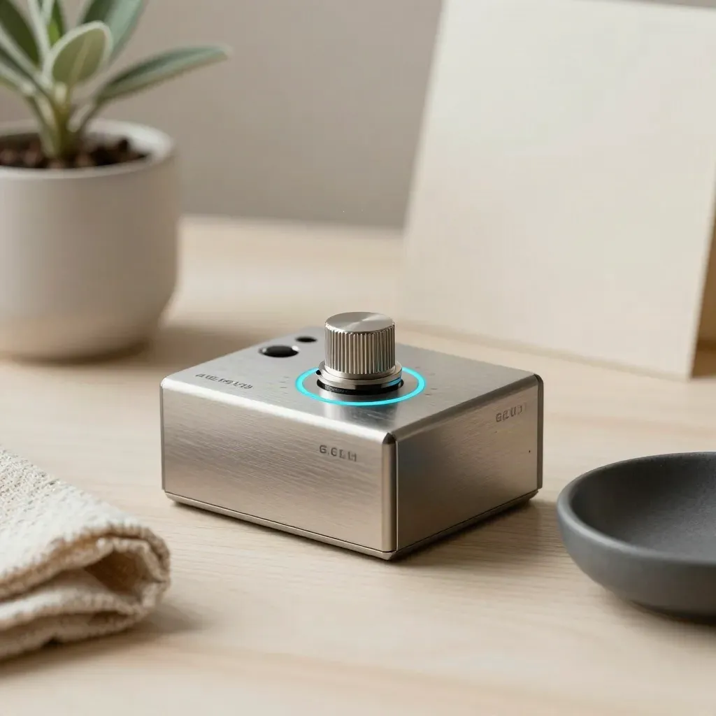 Brushed-metal limiter box with cyan accent, cloth and tiny plant on pale wood.