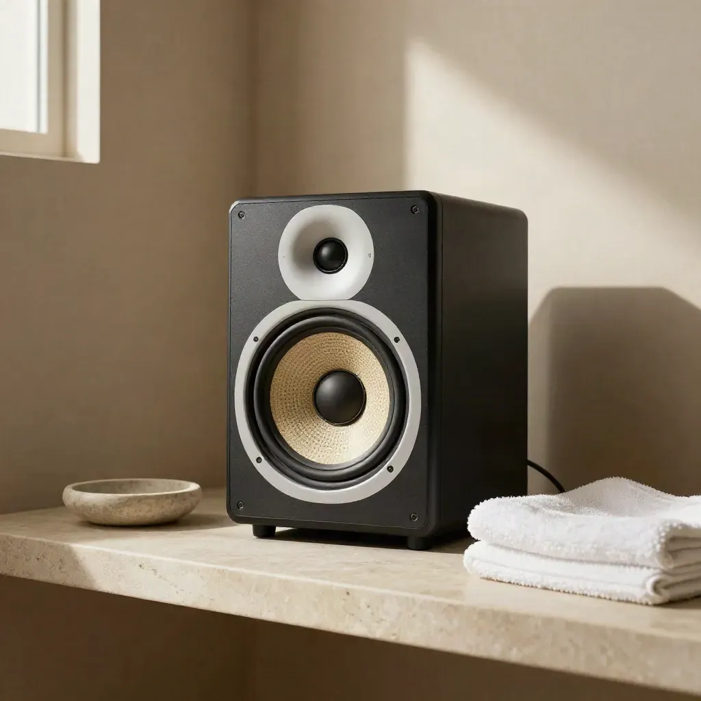 Studio monitor speaker on limestone shelf with stone dish and folded towel in soft window light.