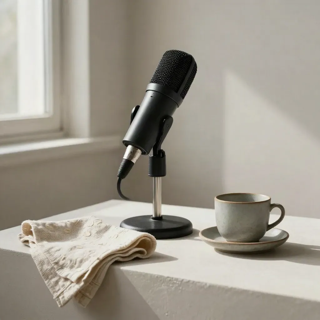 Charcoal broadcast mic, linen cloth, and ceramic cup on a pale plaster plinth.