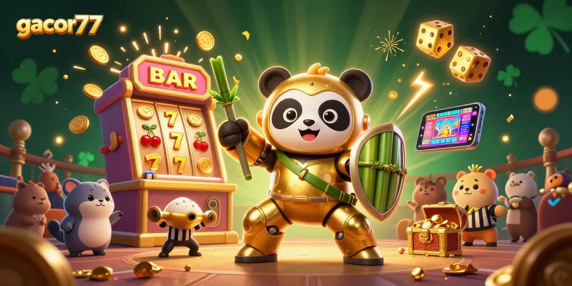 Gacor77 membawa keberuntungan pada slot mesin jackpot dengan panda emas dan robot.