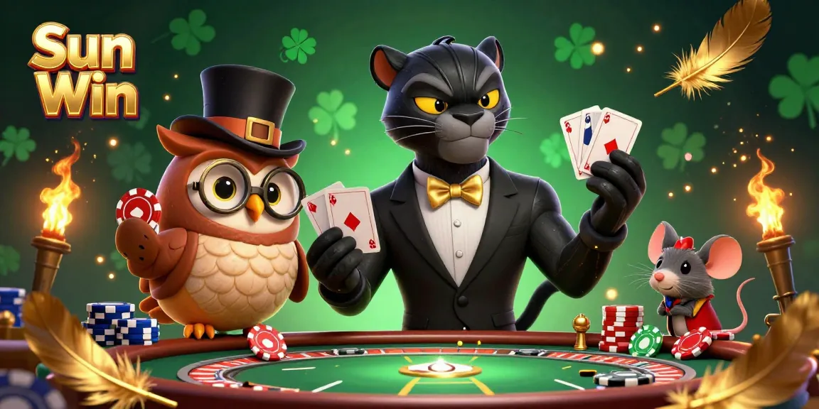 Experience thrilling gameplay at Sun Win with a stylish black panther dealer, an owl, and a lucky mouse amidst a vibrant live casino backdrop.