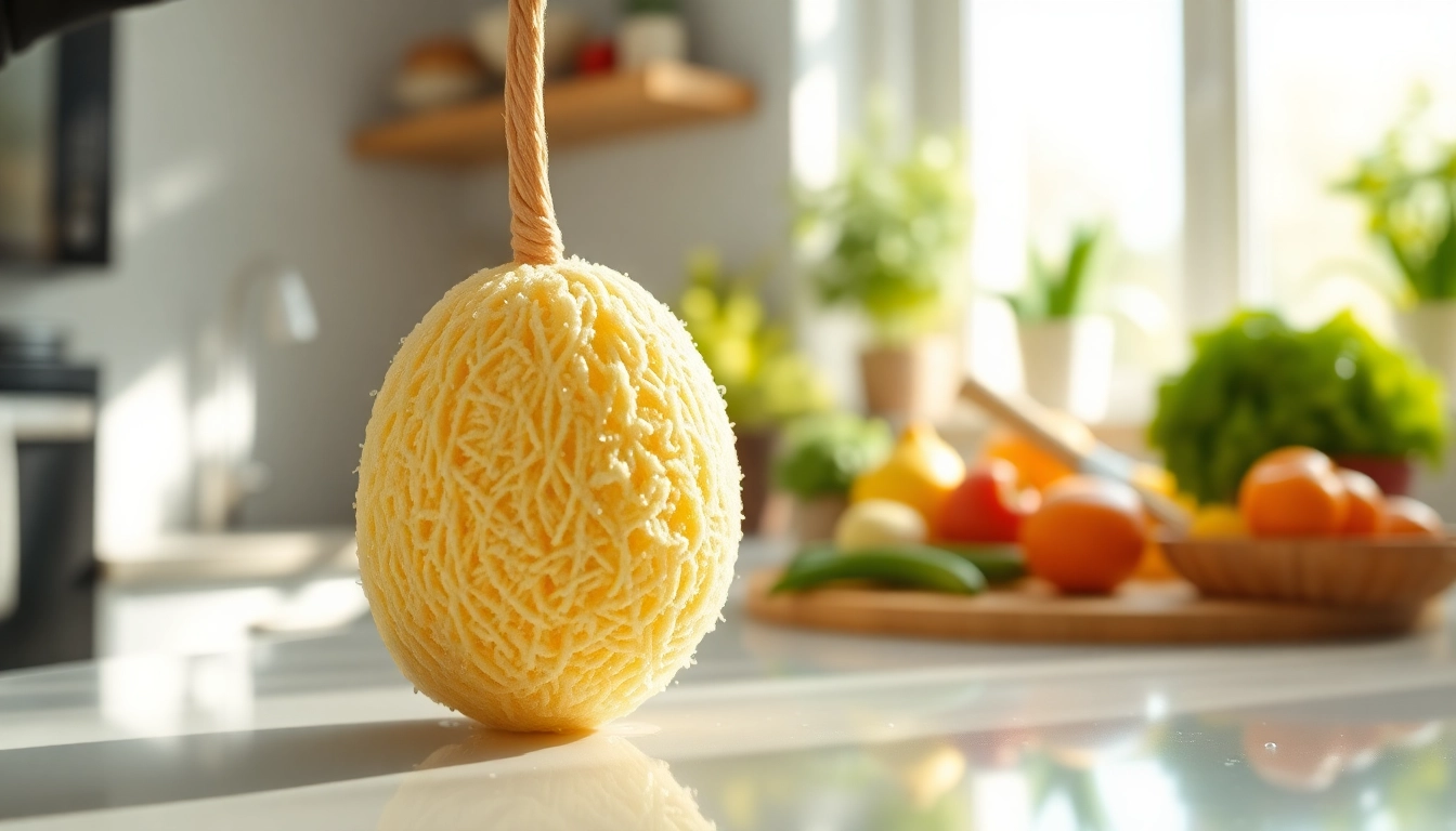 Explore kitchen loofah benefits as a natural cleaning tool in a bright kitchen setting.