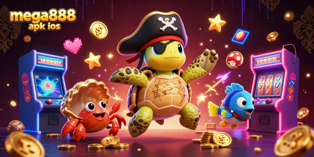 Play with mega888 apk ios in a vibrant casino-themed scene featuring a pirate turtle and treasure.