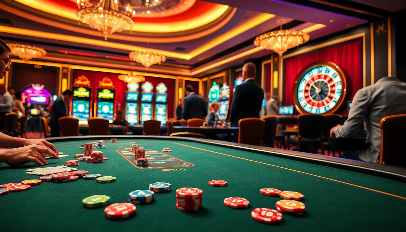Engage in thrilling sbobet betting at a luxurious casino table with vibrant poker chips and players.