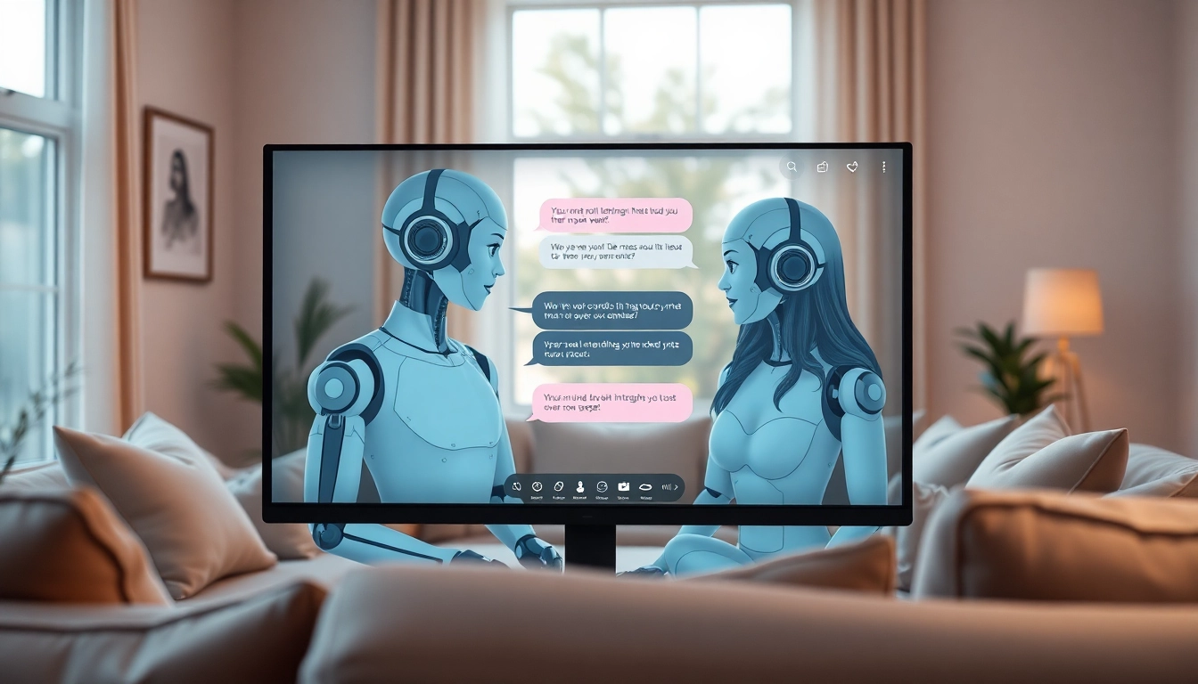 Engaging scene of a sex AI chat on a friendly digital interface in a cozy living room atmosphere.