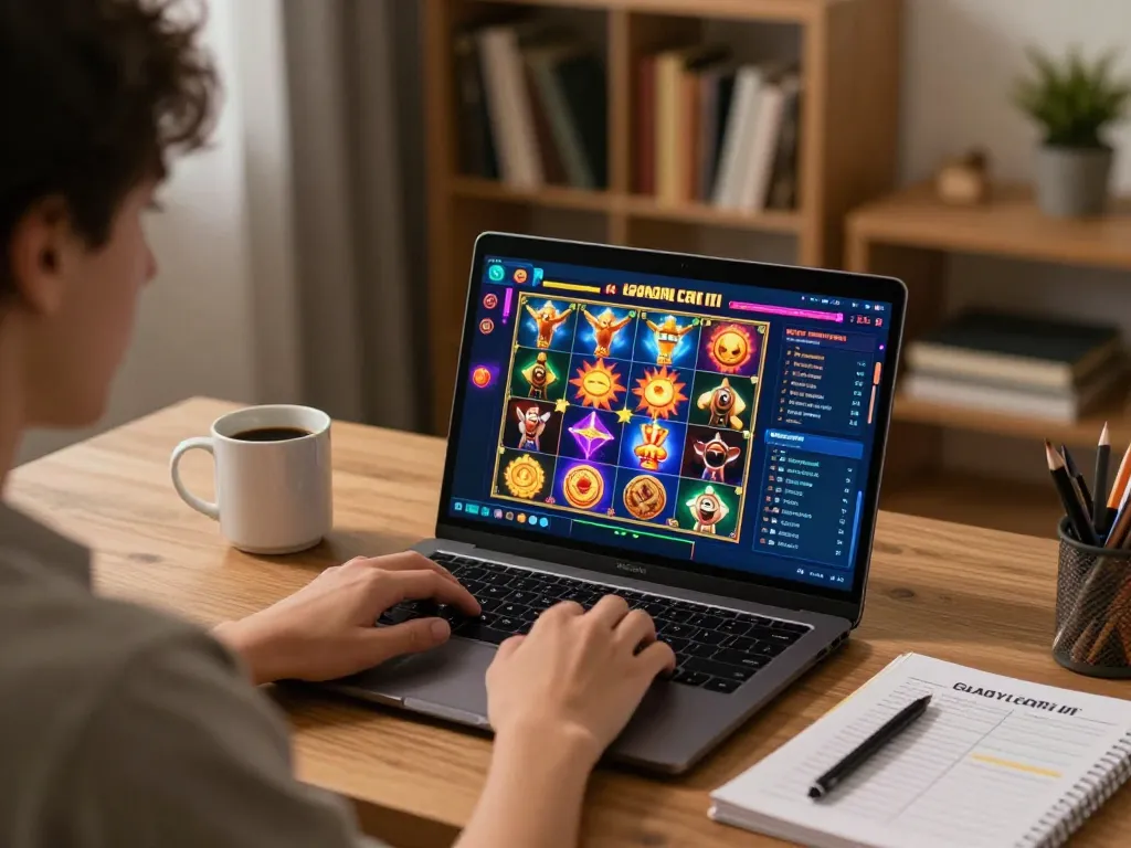 Engaging online gaming session showcasing slot gacor saat ini on a laptop, with a person strategizing for better odds