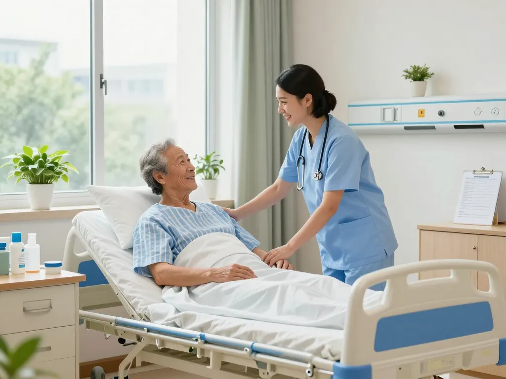 Comfortable giường bệnh nhân being adjusted by a nurse in a serene healthcare setting.