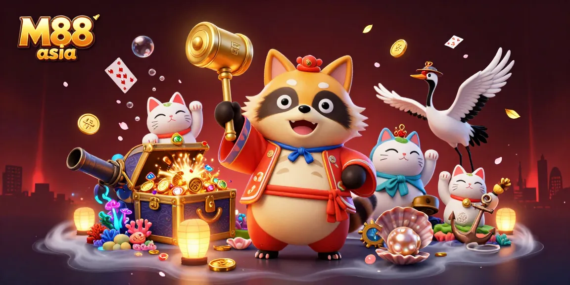 Experience the excitement of M88 asia with our playful tanuki mascot and vibrant gaming elements.