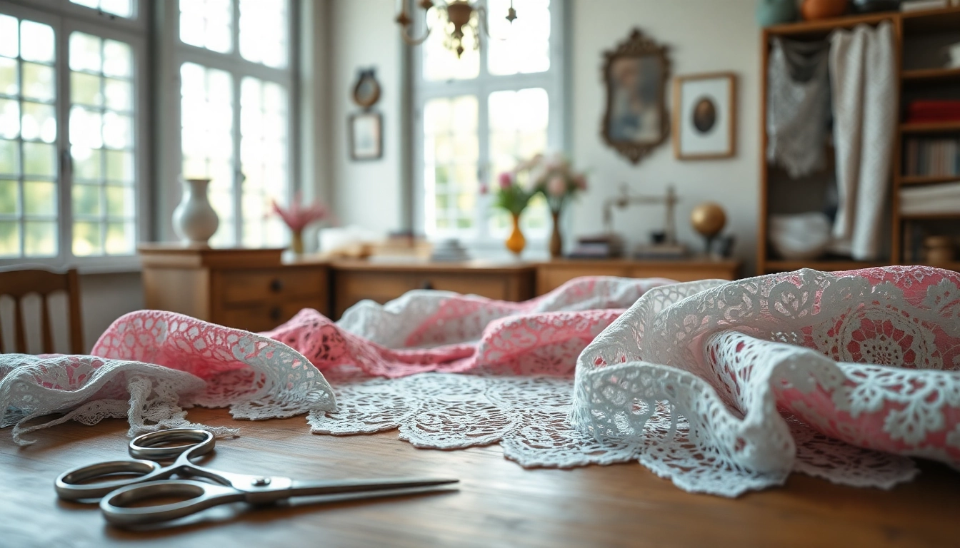 Lace fabrics per meter in a creative setting, showcasing various colors and textures.