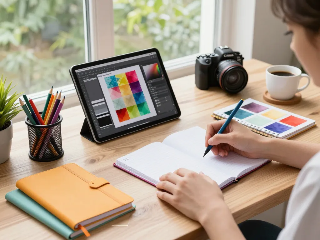 Designer showcasing custom notebooks with colorful stationery and design tools in a bright creative workspace.