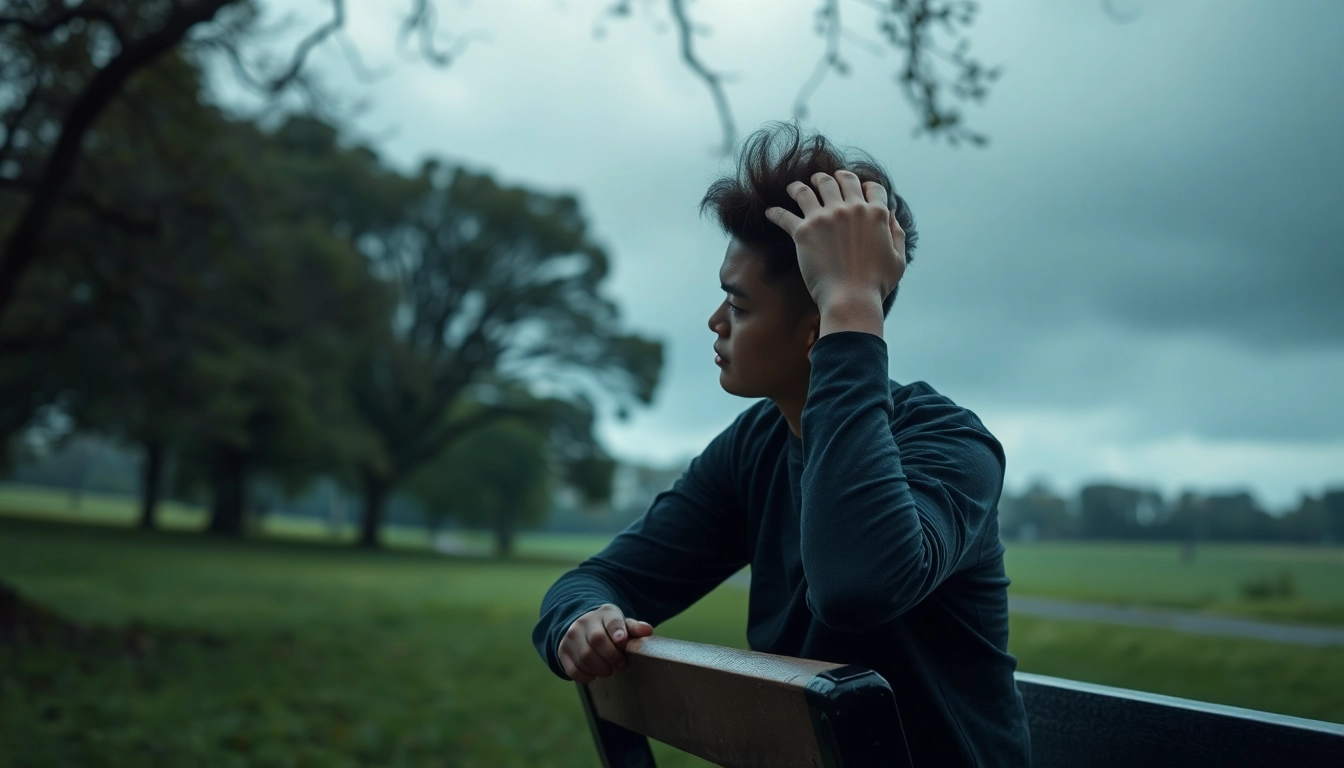 Individual reflecting on depression symptoms in a serene park setting, showcasing deep thought and emotion.