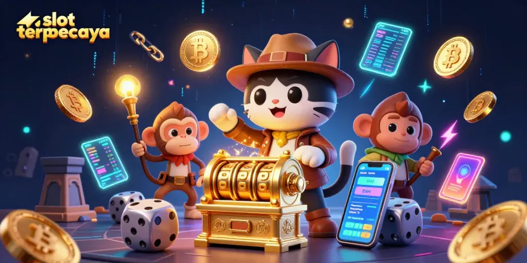Kucing arkeolog 3D dengan artefak kasino dan koin Bitcoin dalam suasana slot terpercaya yang penuh warna.
