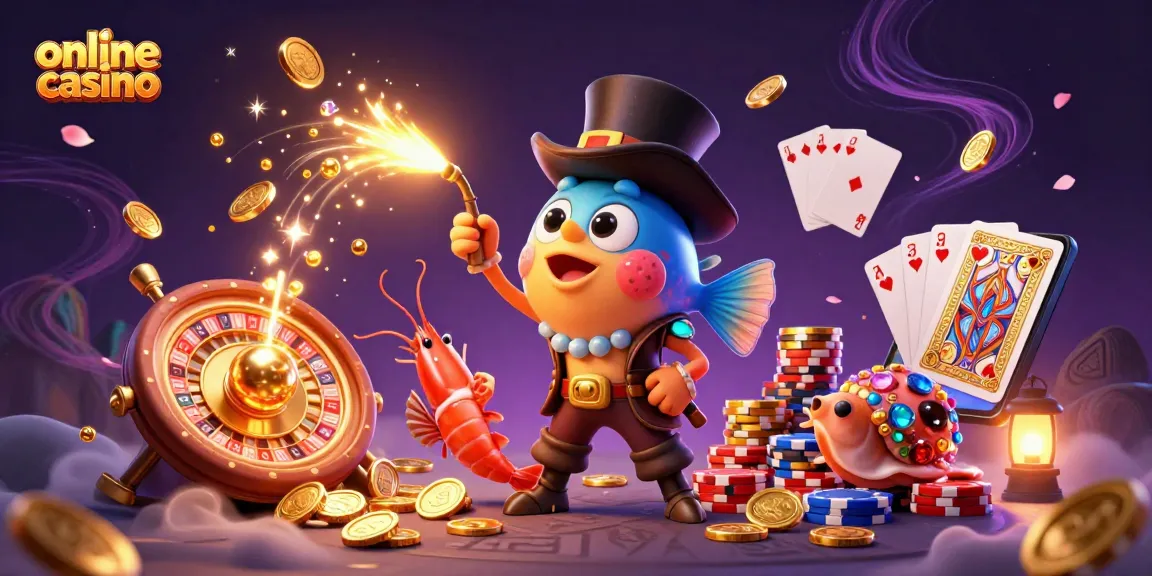 Engaging scene of an online casino with a whimsical underwater twist, featuring a top-hat anglerfish and pirate shrimp.