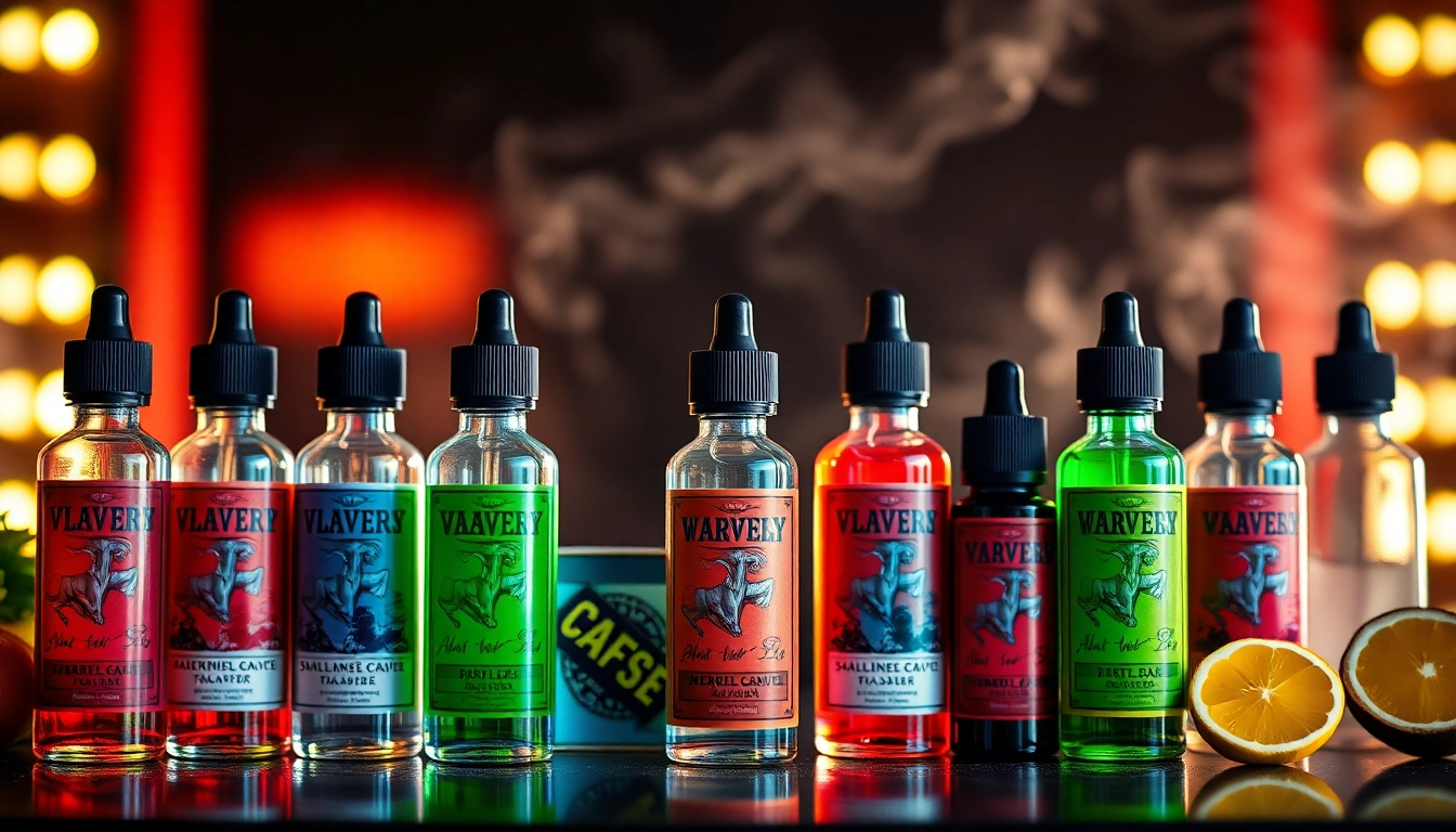 Explore diverse vape flavors displayed elegantly with vibrant colors and inviting atmosphere.