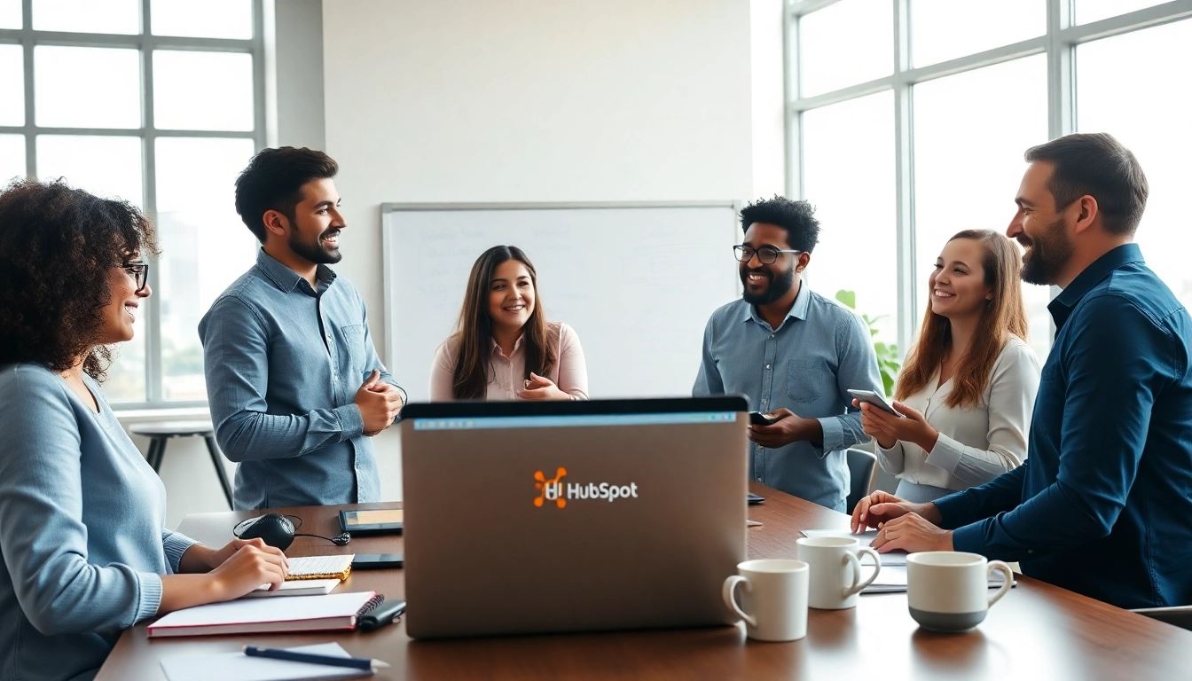Engaged team discussing HubSpot free tools in a bright professional workspace.