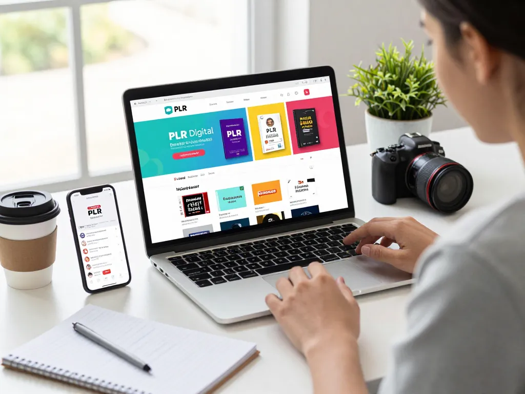 Entrepreneur exploring PLR Digital Products for Sale online with vibrant e-commerce setup.