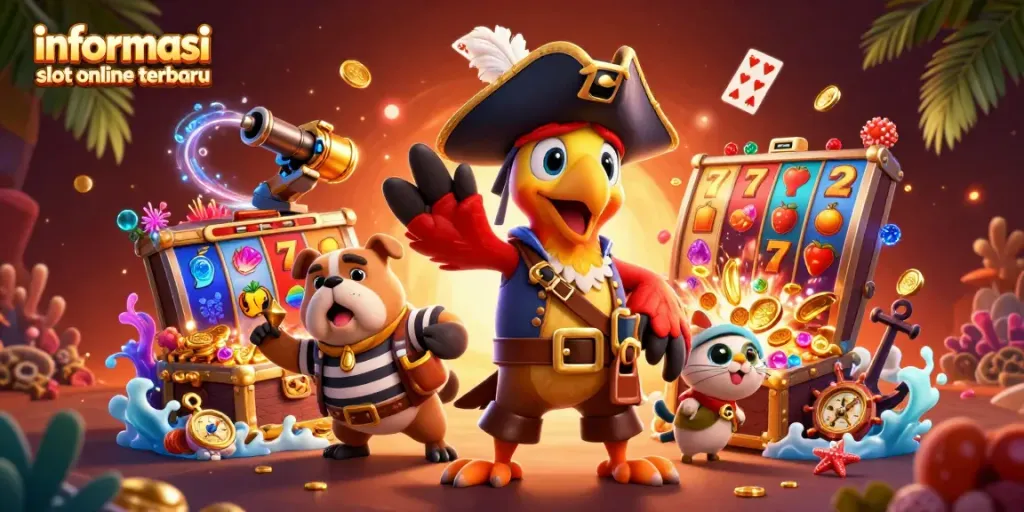 Permainan slot online terbaru di AYAM168 dengan petunjuk interaktif dari karakter lucu dalam ilustrasi 3D.