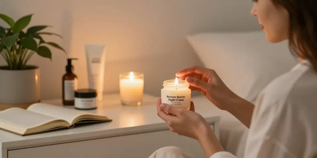 Woman applying zinc oxide on face overnight in a cozy bedroom setting with soft lighting.