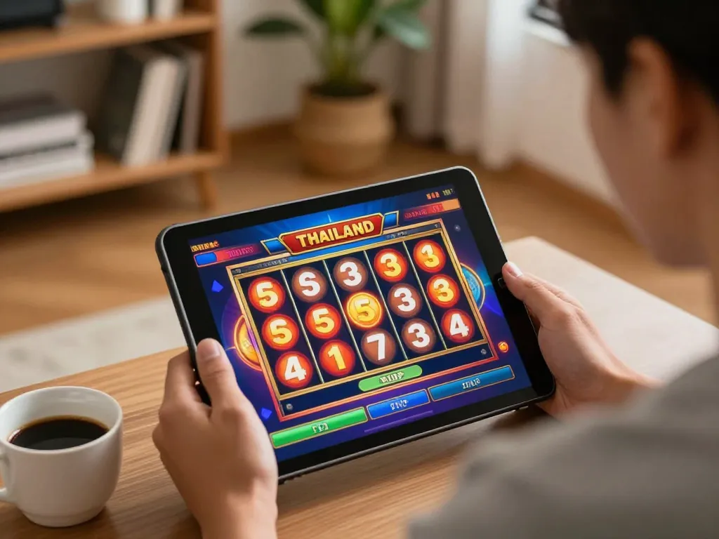 Player enjoying thailand slot games on tablet in comfortable home setting with vibrant interface