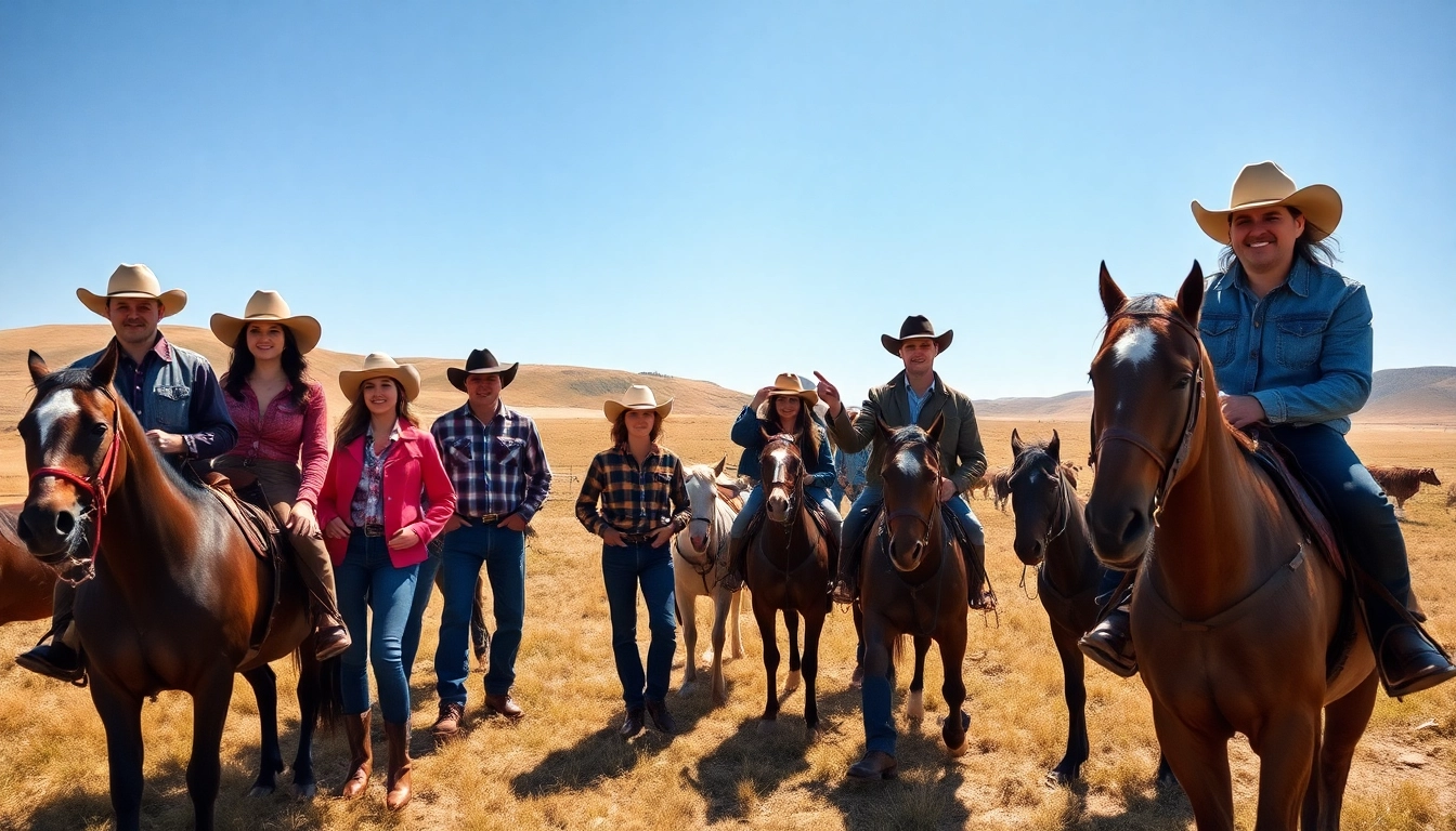 Showcase stylish ranch wear Canada in a vibrant, rustic ranch setting with dynamic activities.